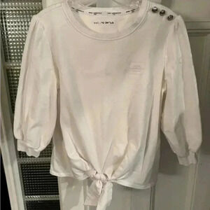 Karl Legerfeld Paris white 3/4 sleeve pullover with silver buttons and tie waist